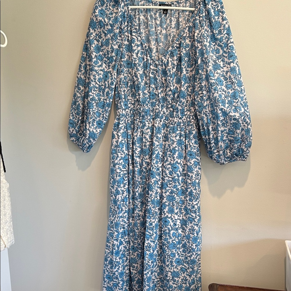 J. Crew Blue and White Floral Maxi Dress with Puff Sleeves